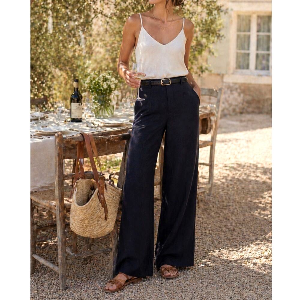 Nili Lotan 8 Dayton Linen&Silk Wide Leg Pants $675 High Waist  Navy Blue NWT!